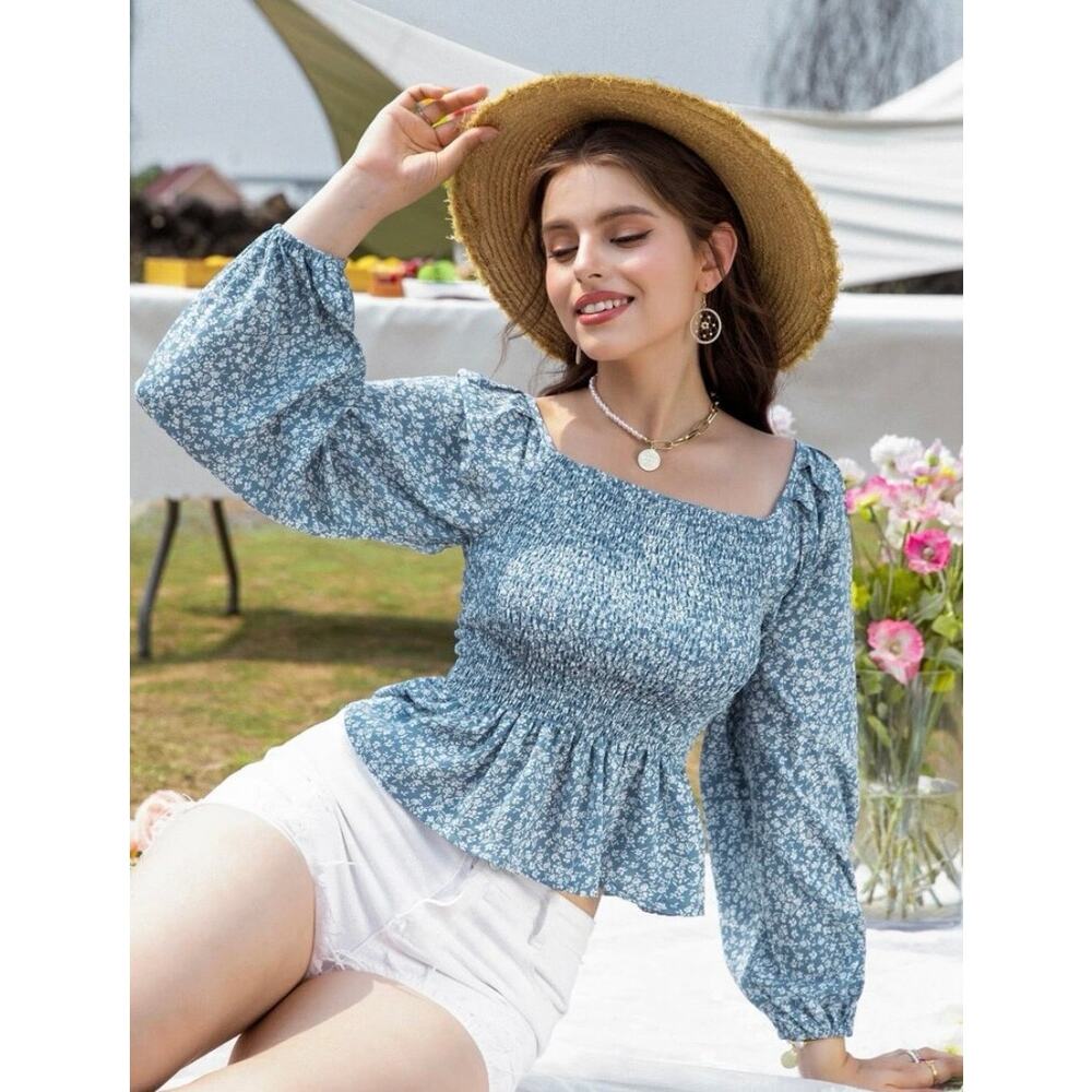 Floral Ruffle Hem Blouse Top Size Medium